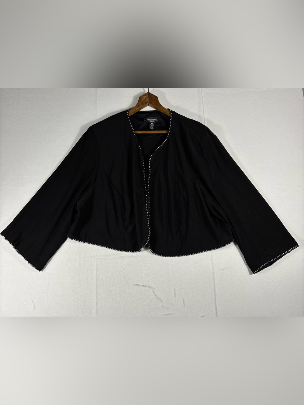 R&M Richards Women’s 18W Black Cropped Open Front Jacket with Rhinestone Trim